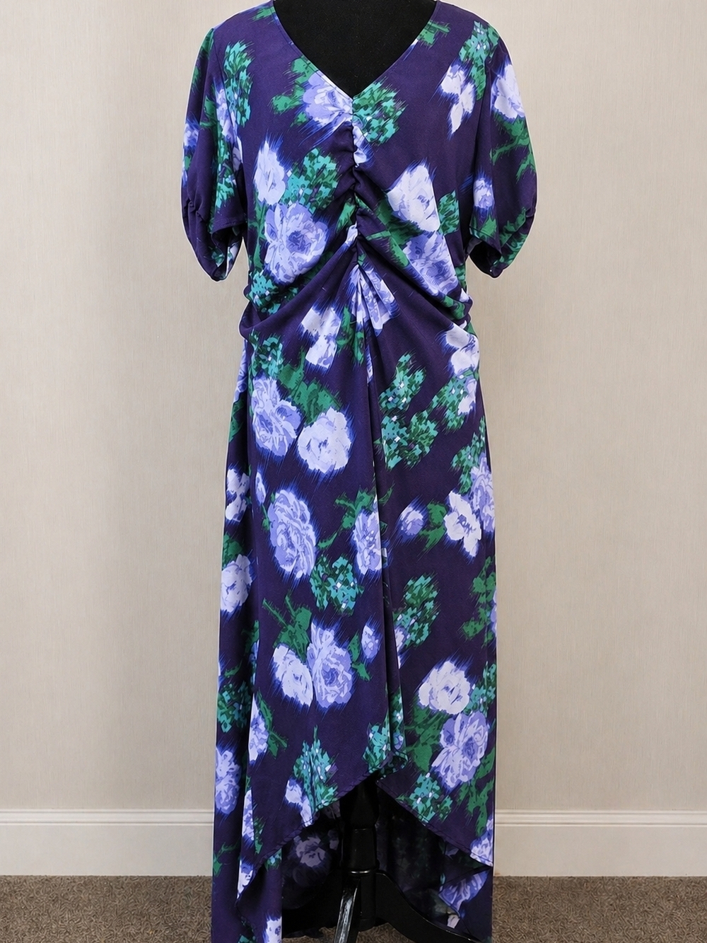 A New Day Purple Floral Midi Maxi High Low Dress XL Puff Sleeve V-Neck